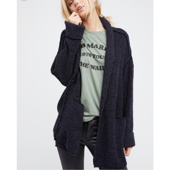 Free people Low tide cardigan navy blue knit sweater open slouchy extra small S - Picture 6 of 13